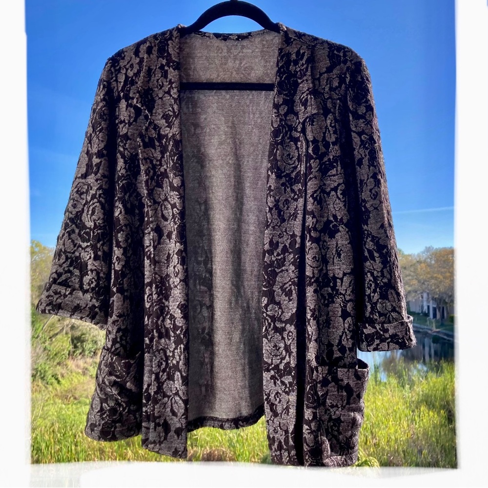 m&co. cardigan /Open/ black and gray/Lace print/ Flowers/Knitwear/Size: 16
